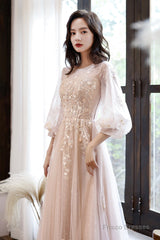 Pink Tulle Lace Long A-Line Prom Dresses, Long Sleeve Evening Dresses