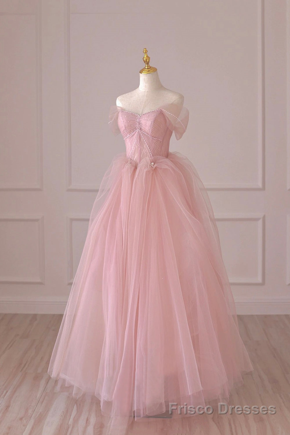 Pink Tulle Lace Long Formal Dress, A-Line Off Shoulder Pink Prom Dress Main image