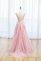 Pink Tulle Lace Long Prom Dress, Lovely A-Line Open Back Evening Dress