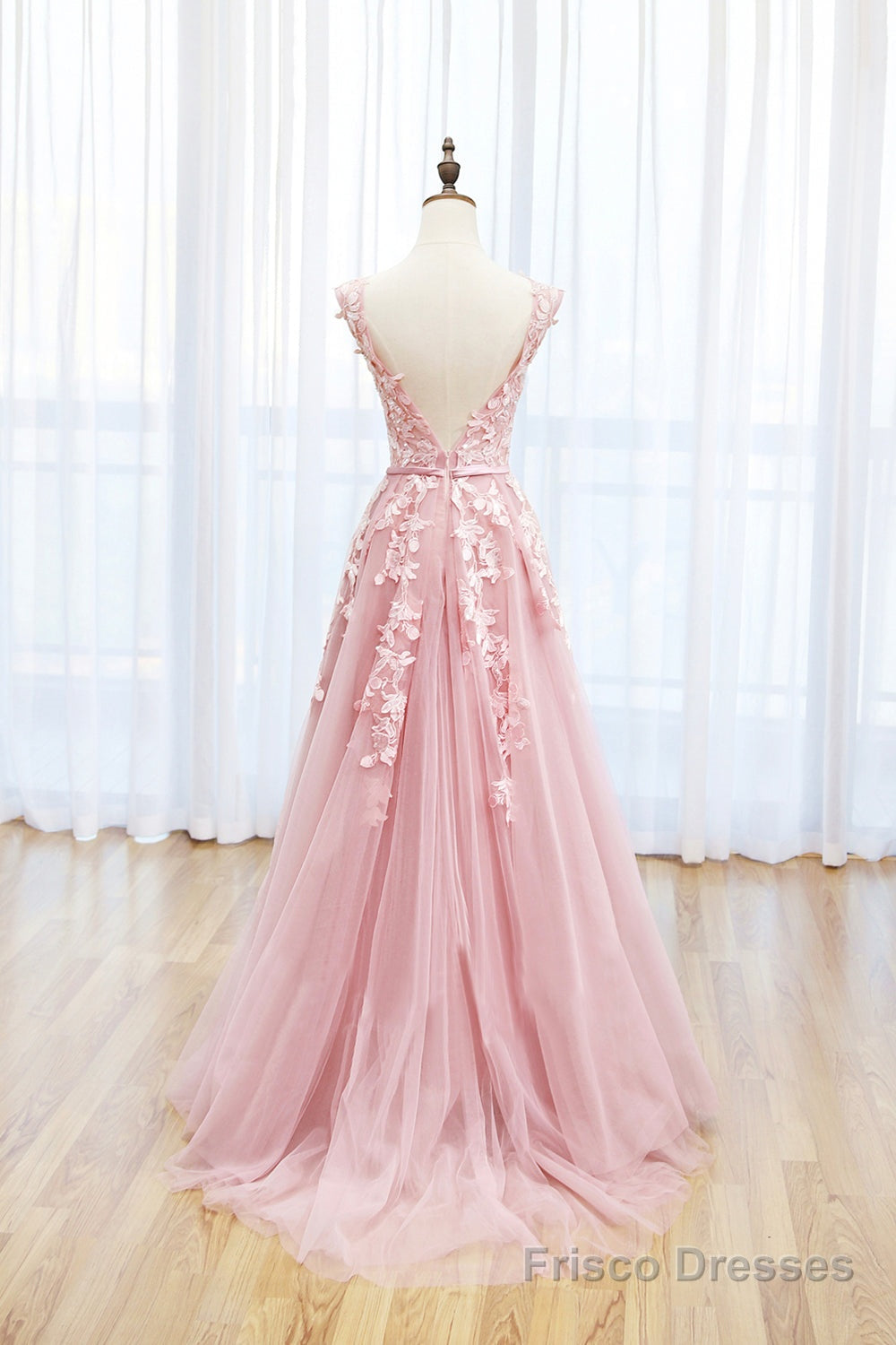 Pink Tulle Lace Long Prom Dress, Lovely A-Line Open Back Evening Dress