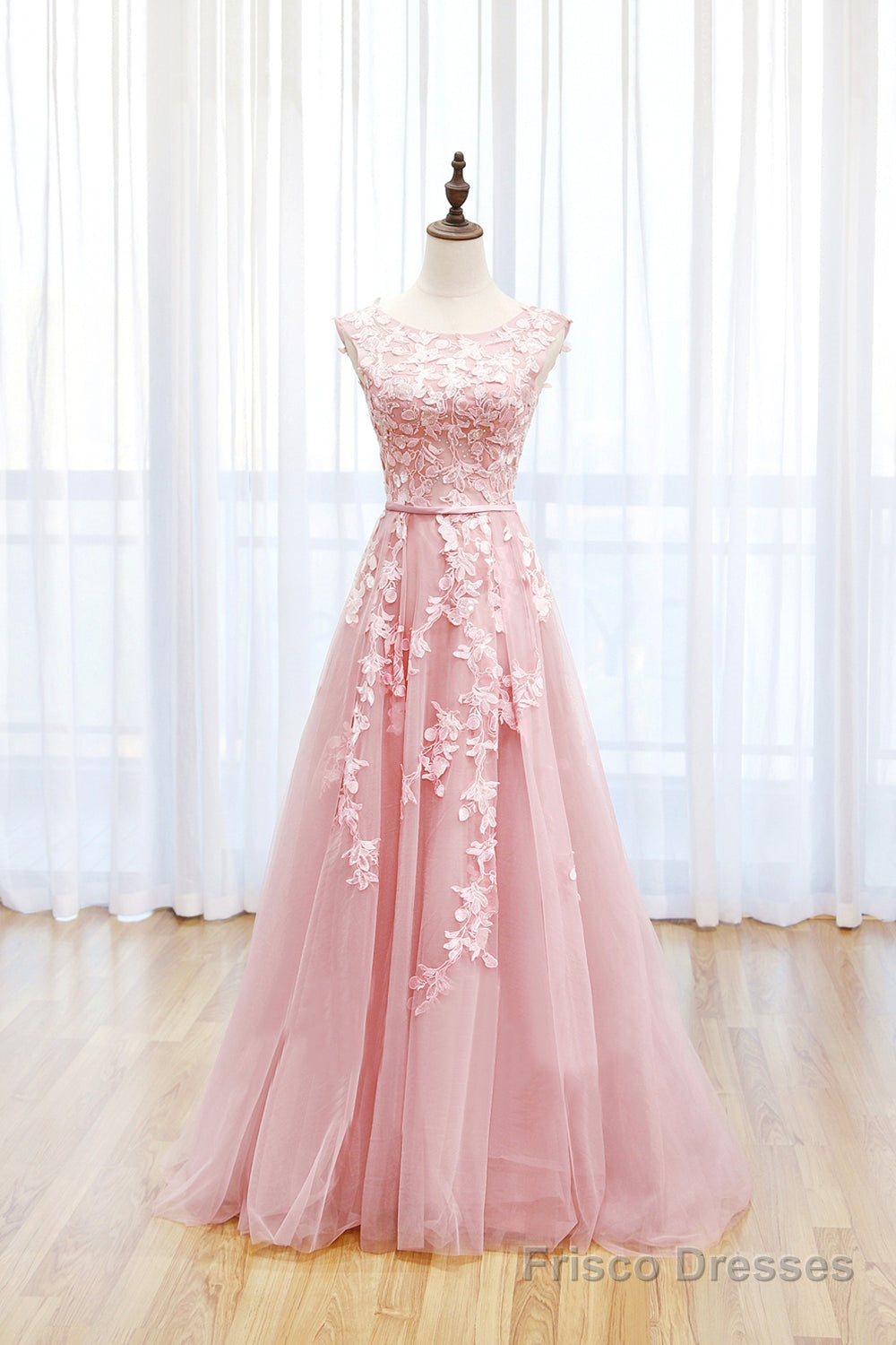 Pink Tulle Lace Long Prom Dress, Lovely A-Line Open Back Evening Dress Main image