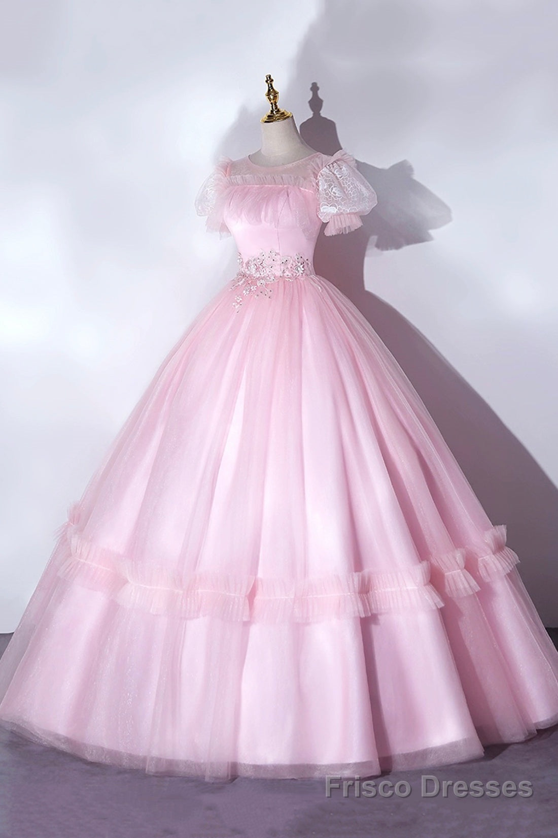 Pink Tulle Lace Long Prom Dress, Lovely A-Line Short Sleeve Evening Dress Secondary image