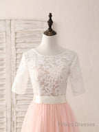 Pink Tulle Lace Long Prom Dress Pink Bridesmaid Dress
