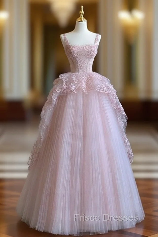 Pink tulle lace long Formal Prom Dress, pink evening Dress