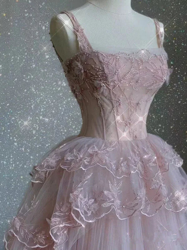 Pink Tulle Lace Long Prom Dress, Pink Evening Dress Secondary image