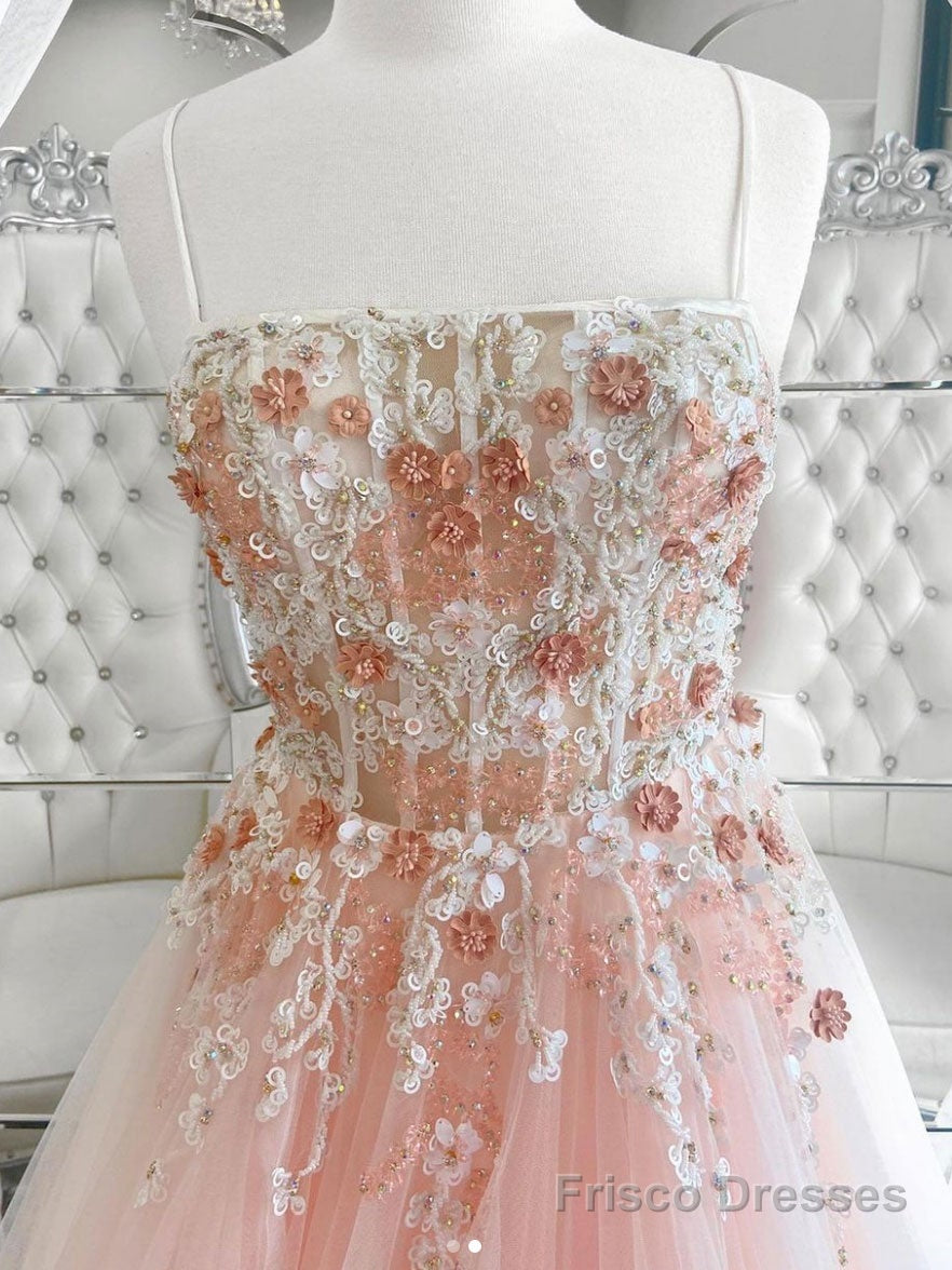 Pink tulle lace long prom dress, pink lace long evening dress Secondary image