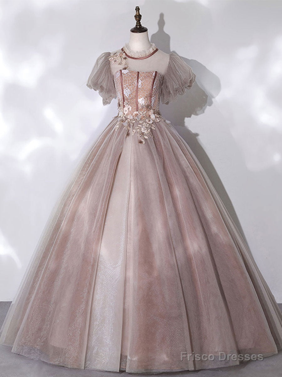 Pink Tulle Lace Long Prom Dress Pink Lace Prom Gown Main image