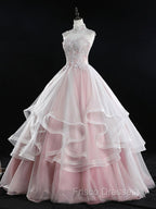 Pink Tulle Lace Long Formal Prom Dress, Pink Sweet 16 Dress