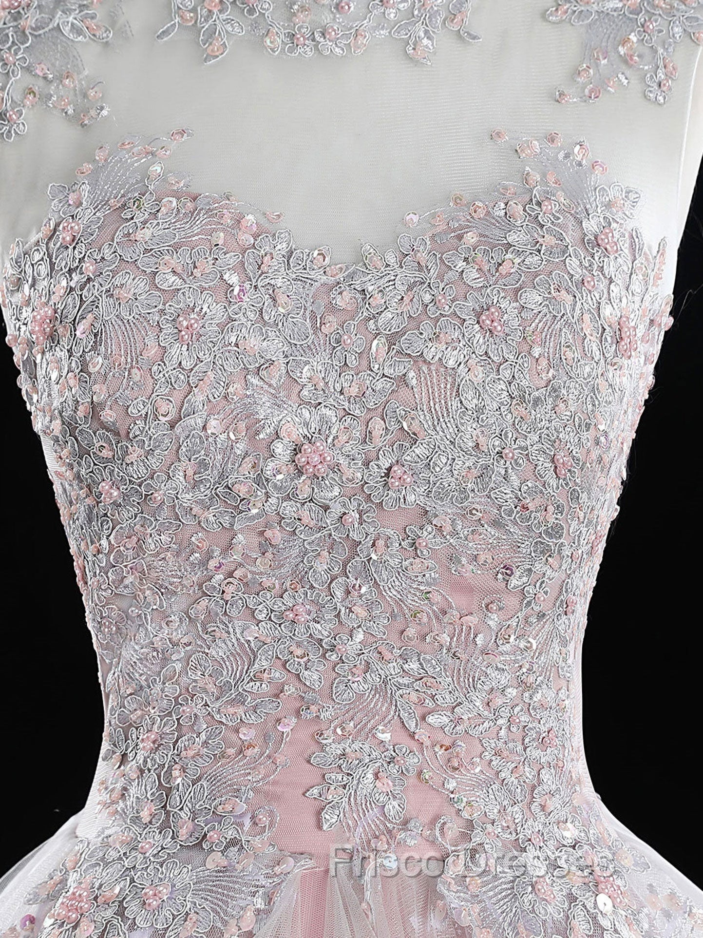 Pink Tulle Lace Long Formal Prom Dress, Pink Sweet 16 Dress
