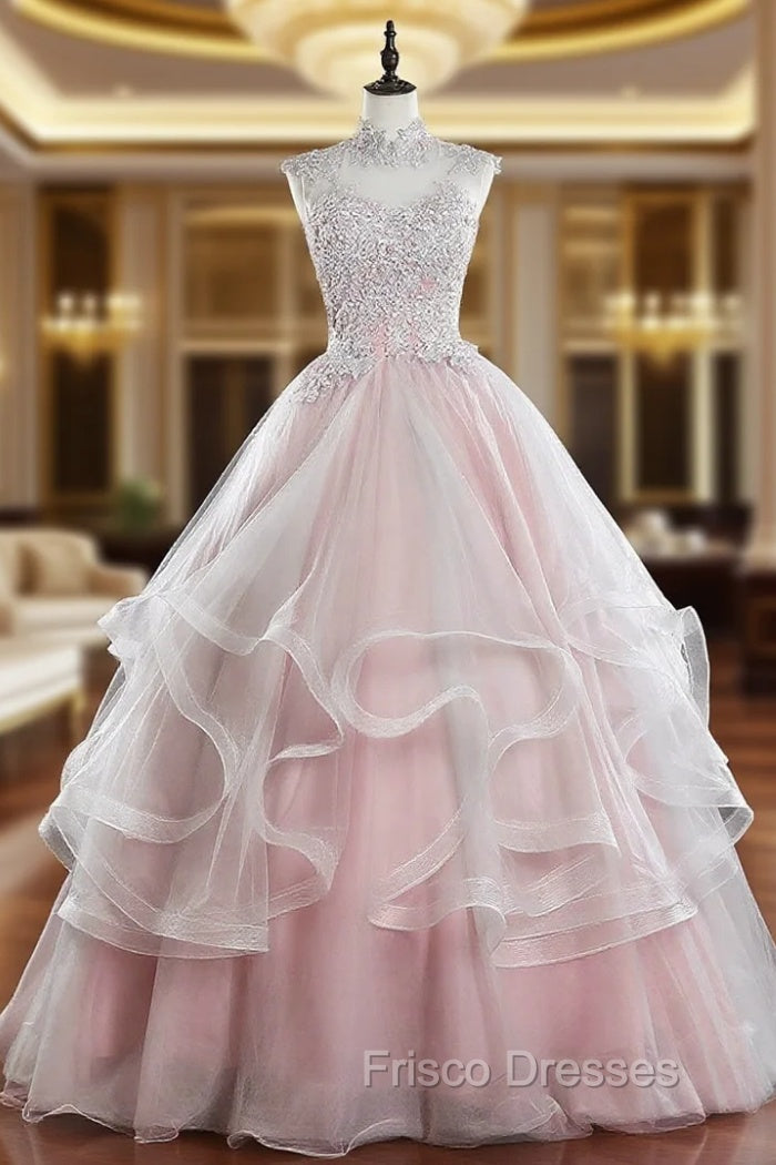 Pink Tulle Lace Long Formal Prom Dress, Pink Sweet 16 Dress Main image
