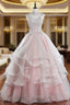 Pink Tulle Lace Long Formal Prom Dress, Pink Sweet 16 Dress