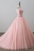 Pink tulle lace long Formal Prom Dresses, pink tulle evening Dresses