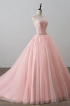 Pink tulle lace long prom dress, pink evening dress