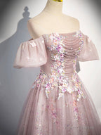 Pink Tulle Lace Long Prom Dress With Beaded, A-Line Off The Shoulder Evening Party Dress