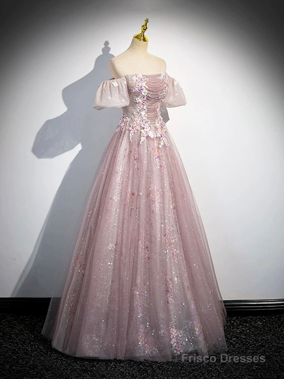 Pink Tulle Lace Long Prom Dress With Beaded, A-Line Off The Shoulder Evening Party Dress