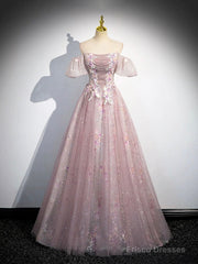Pink Tulle Lace Long Prom Dress With Beaded, A-Line Off The Shoulder Evening Party Dress