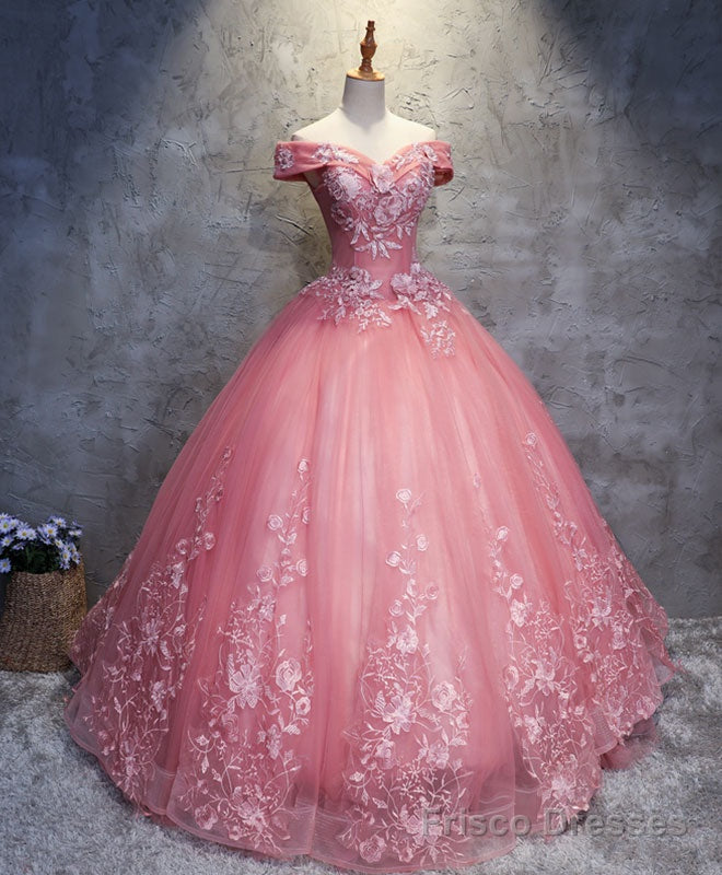 Pink Tulle Lace Off Shoulder Long Prom Dress Pink Tulle Evening Dress Main image