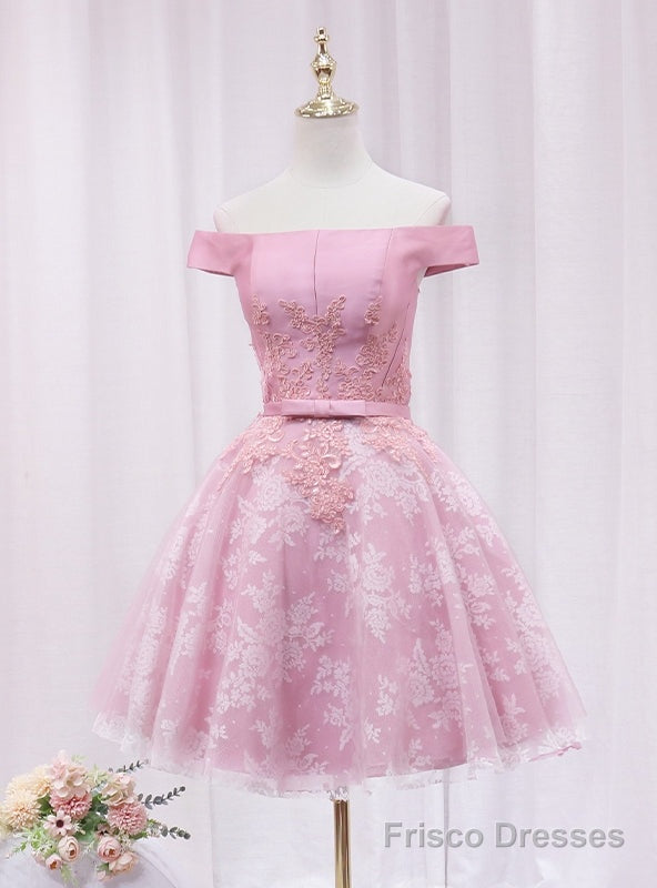 Pink Tulle Lace Off the Shoulder Appliques Homecoming Dress Main image