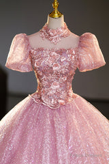 Pink Tulle Lace Princess Dress, Beautiful A-Line Evening Dress Sweet 16 Dress