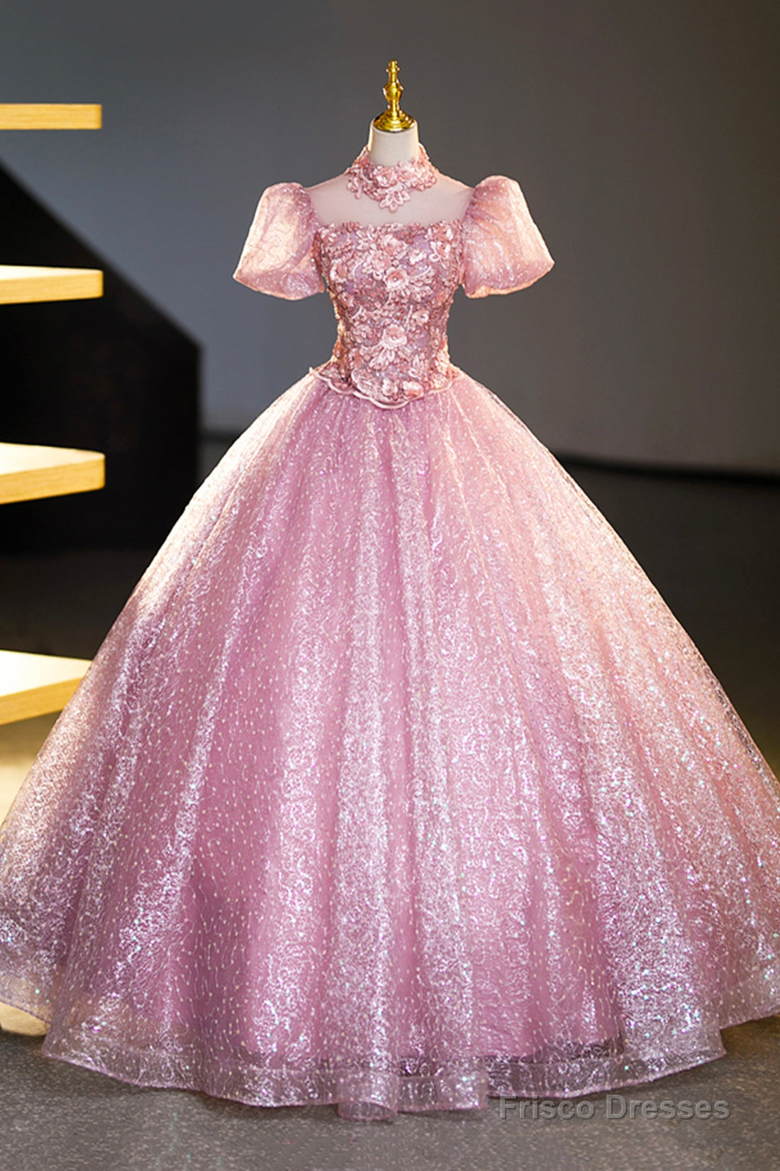 Pink Tulle Lace Princess Dress, Beautiful A-Line Evening Dress Sweet 16 Dress