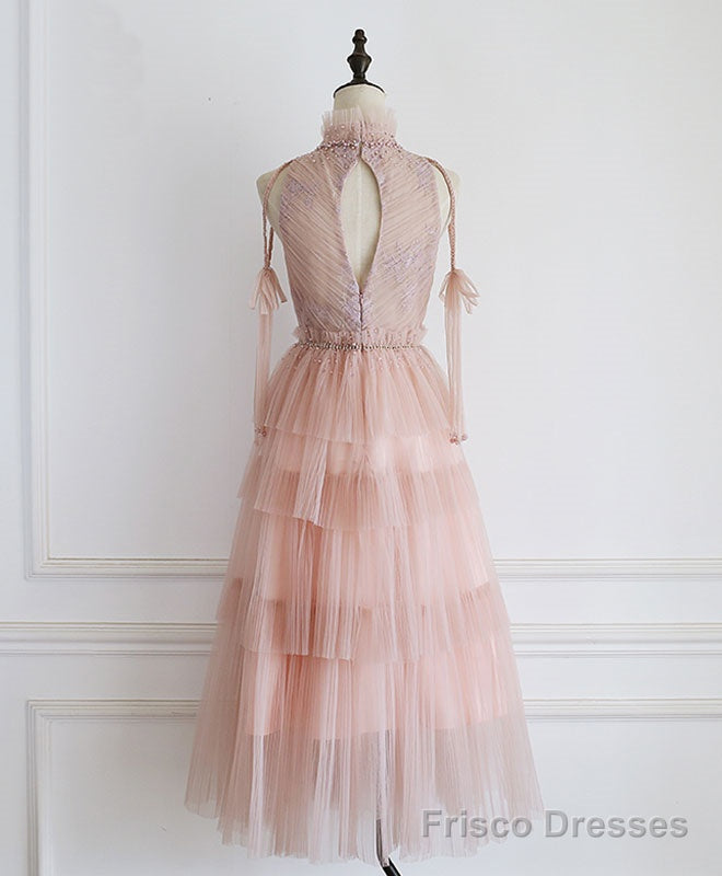 Pink Tulle Lace Prom Dress, Tulle Lace Homecoming Dress