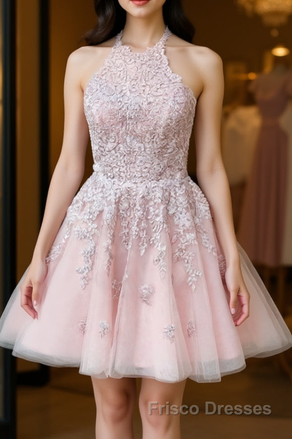 Pink tulle lace short Formal Prom Dresses, pink tulle lace homecoming Dresses Main image