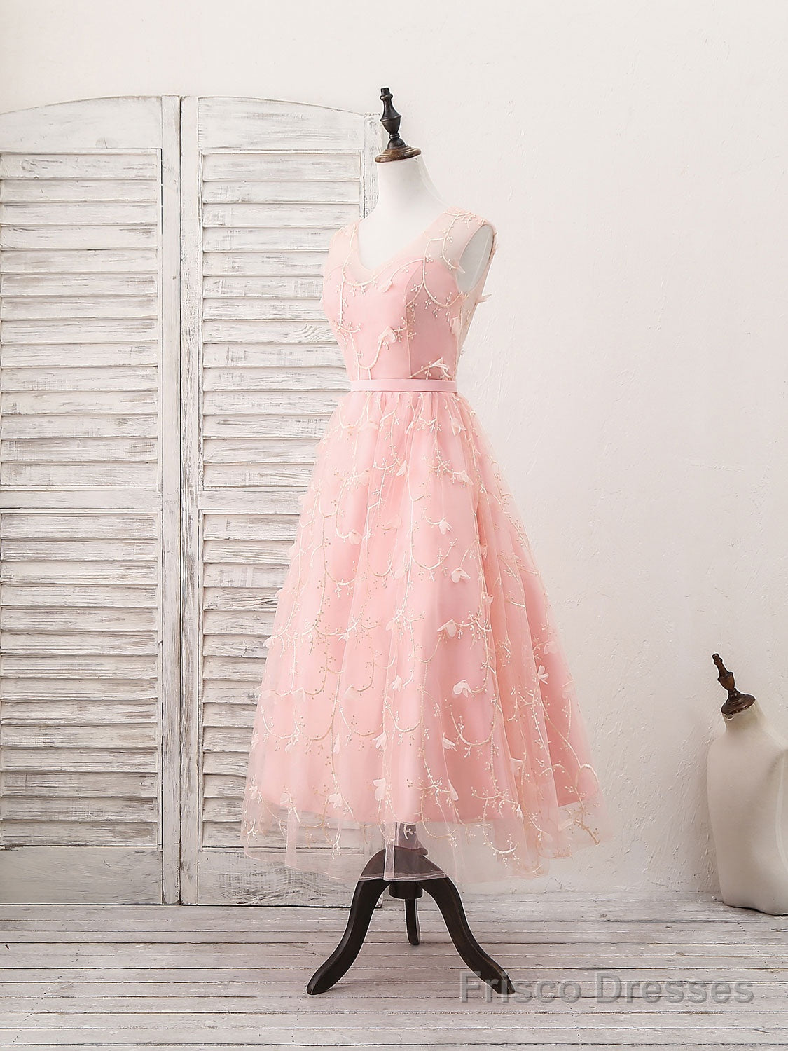 Pink Tulle Lace Tea Length Prom Dress, Pink Homecoming Dress Main image