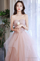 Pink Tulle Layers Floor Length Prom Dress, Cute Strapless Evening Party Dress