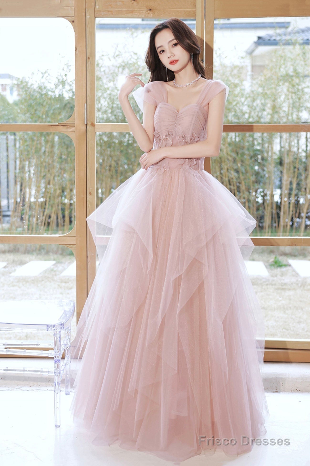 Pink Tulle Layers Floor Length Prom Dress, Cute Strapless Evening Part
