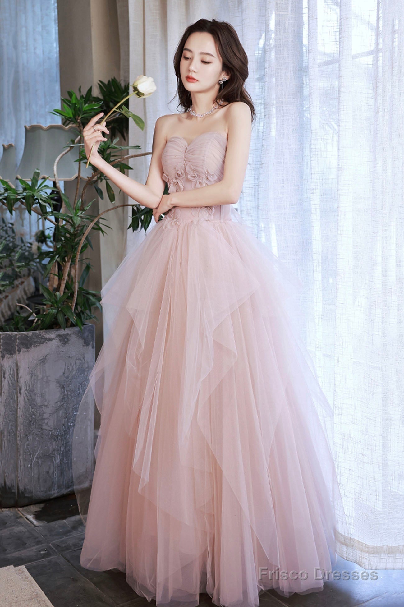 Pink Tulle Layers Floor Length Prom Dress, Cute Strapless Evening Party Dress Main image