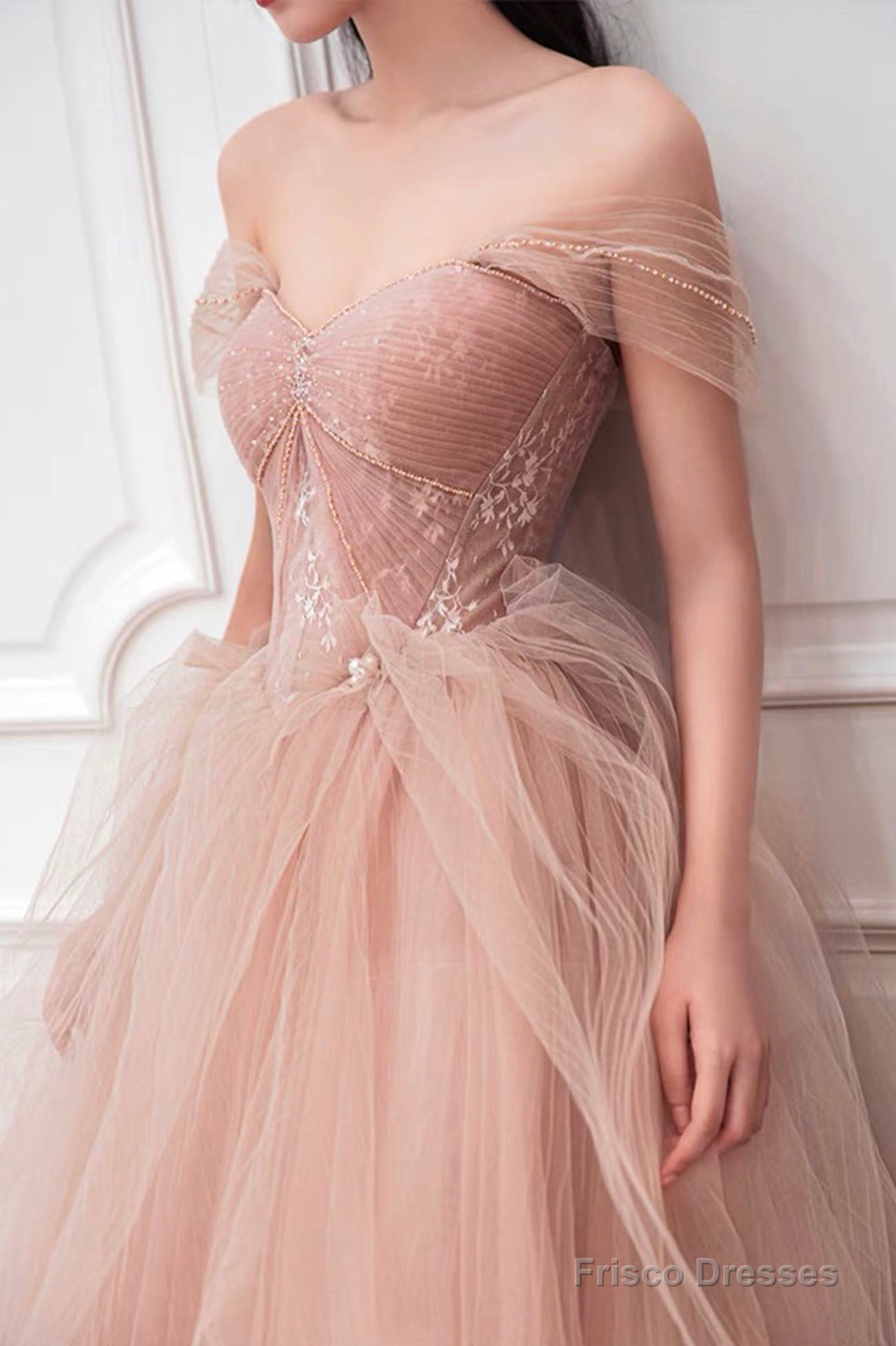 Pink Tulle Long A-Line Prom Dress, Cute Off The Shoulder Graduation Dress