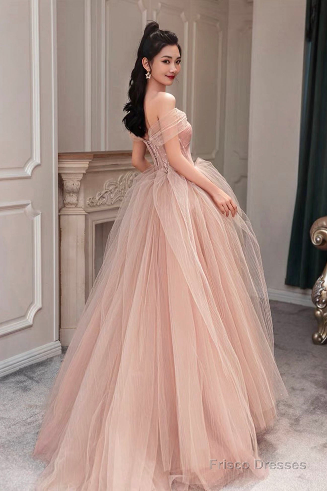 Pink Tulle Long A-Line Prom Dress, Cute Off The Shoulder Graduation Dress