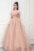 Pink Tulle Long A-Line Prom Dress, Cute Off The Shoulder Graduation Dress