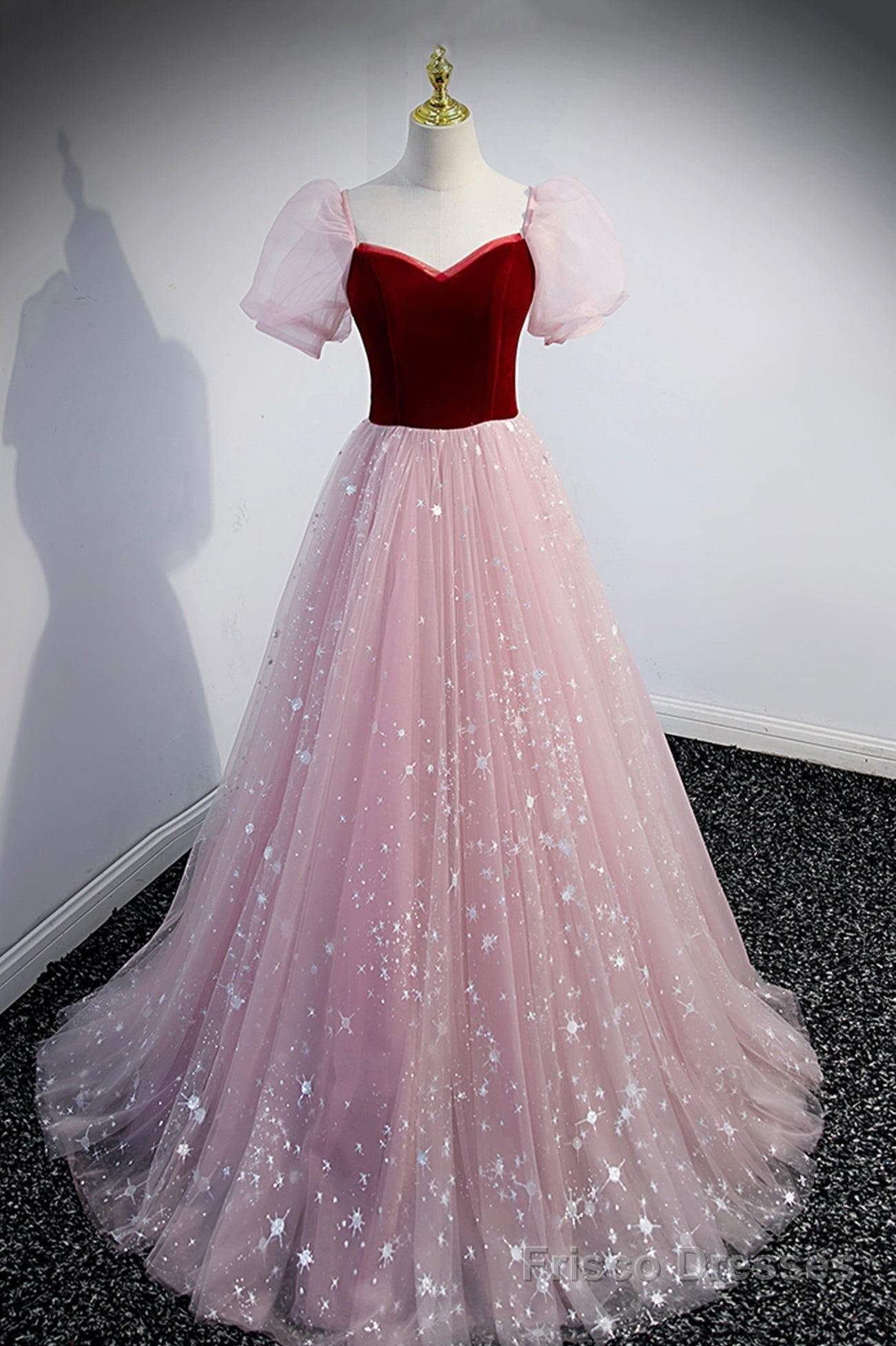 Pink Tulle Long A-Line Prom Dress, Lovely Short Sleeve Evening Party Dress Secondary image