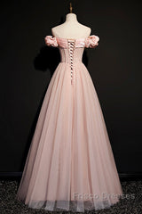 Pink Tulle Long A Line Formal Prom Dress Pink Evening Dress