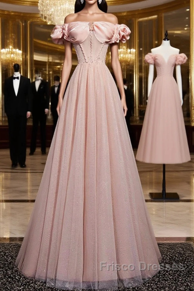Pink Tulle Long A Line Formal Prom Dress Pink Evening Dress Main image