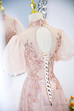 Pink Tulle Long A-Line Prom Dress, Pink Short Sleeve Evening Party Dress