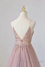 Pink Tulle Long A-Line Formal Prom Dress, Pink Spaghetti Formal Dress With Beaded