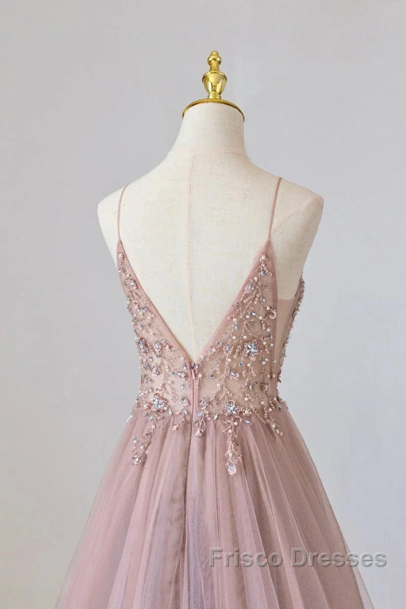 Pink Tulle Long A-Line Formal Prom Dress, Pink Spaghetti Formal Dress With Beaded