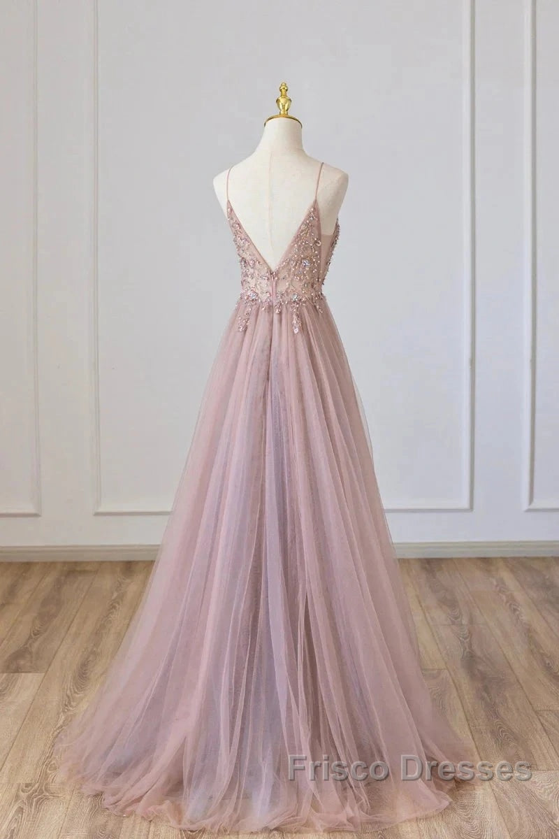 Pink Tulle Long A-Line Formal Prom Dress, Pink Spaghetti Formal Dress With Beaded