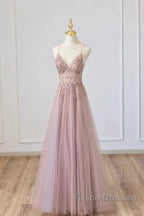 Pink Tulle Long A-Line Formal Prom Dress, Pink Spaghetti Formal Dress With Beaded