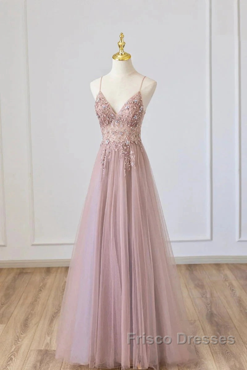 Pink Tulle Long A-Line Formal Prom Dress, Pink Spaghetti Formal Dress With Beaded