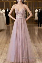 Pink Tulle Long A-Line Formal Prom Dress, Pink Spaghetti Formal Dress With Beaded