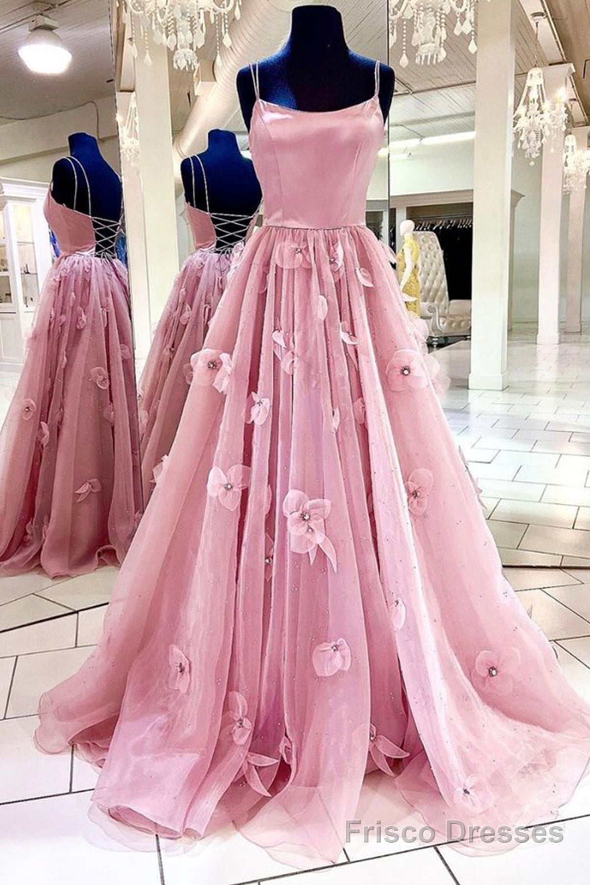 Pink Tulle Long A-Line Prom Dress, Pink Spaghetti Strap Backless Evening Dress Main image