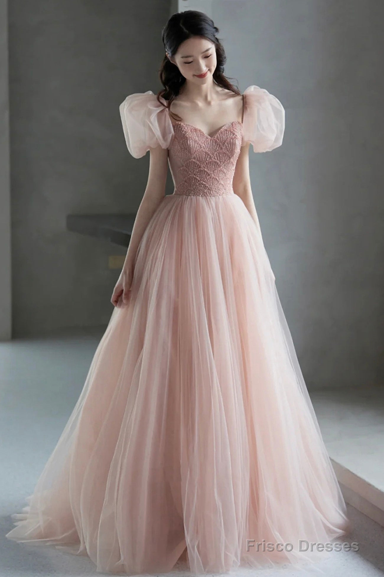 Pink Tulle Long A-Line Prom Dress With Beaded, Lovely Puff Sleeve Evening Dress Main image