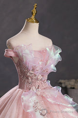 Pink Tulle Long A-Line Prom Dress With Lace, Beautiful Off Shoulder Sweet 16 Dress