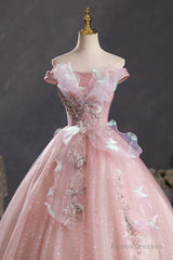 Pink Tulle Long A-Line Prom Dress With Lace, Beautiful Off Shoulder Sweet 16 Dress