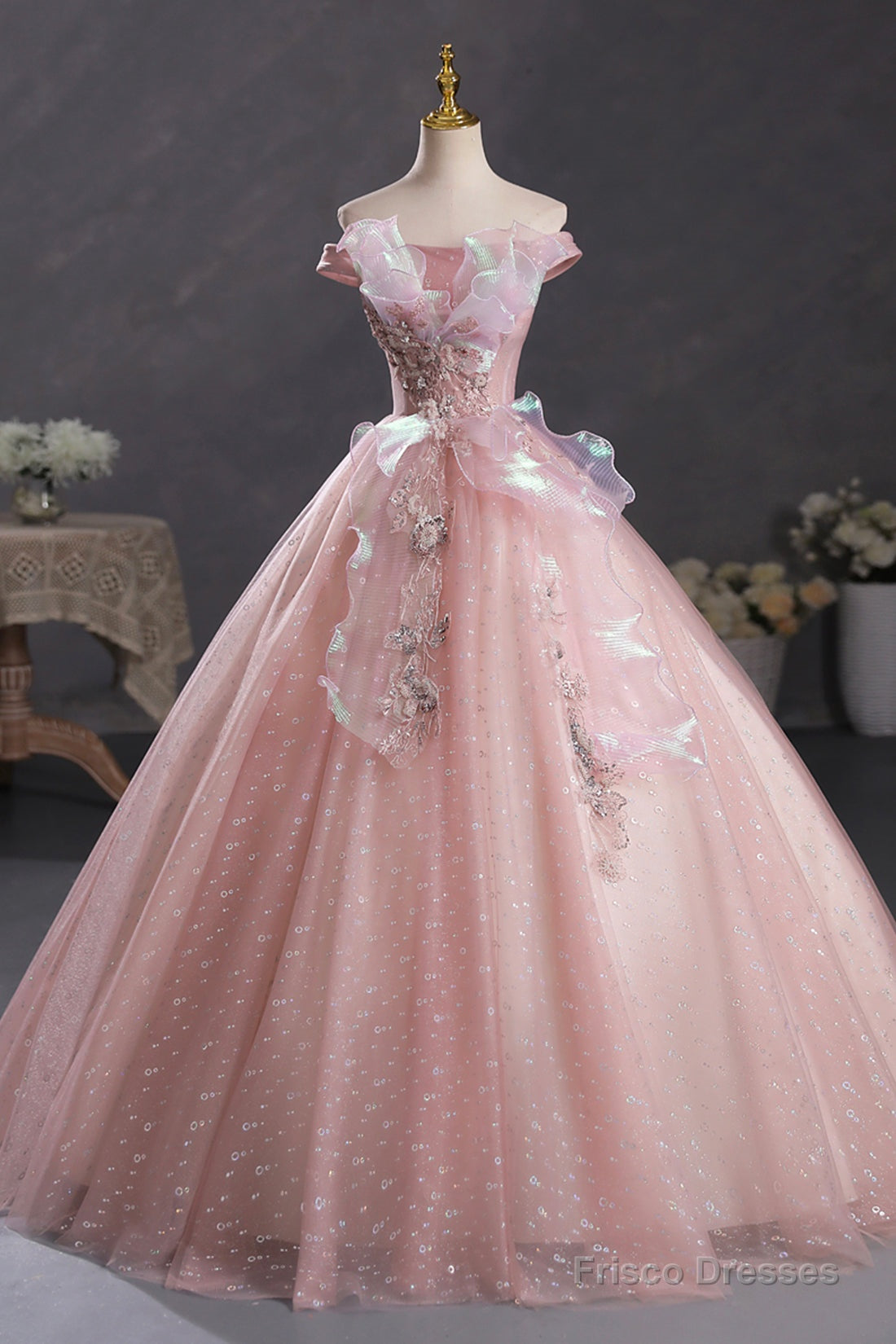 Pink Tulle Long A-Line Prom Dress With Lace, Beautiful Off Shoulder Sweet 16 Dress Main image