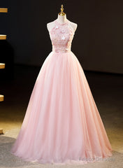 Pink Tulle Long Formal Dress With Floral Lace, Pink Halter Tulle Sweet 16 Dress