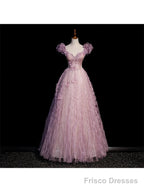 Pink Tulle Long Off Shoulder Party Dress with Flowers Pink Evening Dress Formal Dress prom dresses shops